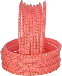 A k Beautiful Elegant Golden Dot Glass Pink Bangles Chudi Set for Women Girls Wedding Festive Jewellery (Pack of 16 Bangles) (2.8)