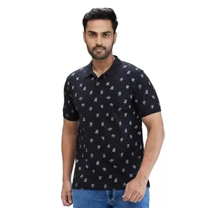 Parx Men Regular Fit Print Pattern Pure Cotton Half Sleeve Polo Neck Casual T-Shirt (Size: 40)-XMKB06046-K8 Black