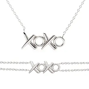 MINUTIAE Extendable Elegant Stylish Charm Brass Chain XOXO Jewellery Set for Women & Girls - Silver | Includes 1 Necklace and 1 Bracelet | Promotes Hugs and Kisses
