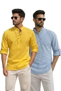 Bahumaan Pure Cotton Short Kurta for Men with Chinese Collar and Roll-Tab Sleeves | Solid Kurta Shirt for Men for Casualwear and Daily Comfort