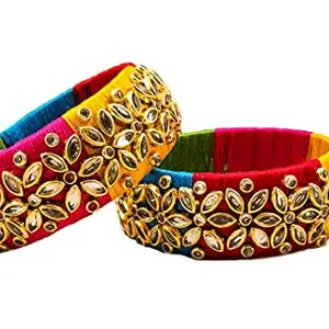Yaalz Silk Thread Heavy Kundan Stone Worked 20mm Broad Kada Bangle Pair For Festival Wear In Multi Colors