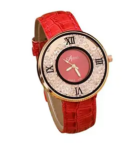ITHANO Red Strap Ladies Watch with Moving Crystals