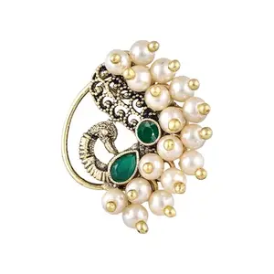 VIVASTRI FASHION JEWELLERY Vivastri Premium 1 Gram Gold Plated White Pearl,Moti Beaded Guttapusalu Alloy Nath,Nathiya,Nosepin,Nosering For Women & Girls -VIVA1308NTH-PRESS-GREEN