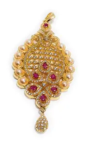 Soni's Gold Plated Pearl and Pink Ruby American Diamond stones Locket Chain Pendant & Earring Set for Women's