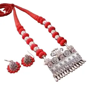 Orange Thread Beads Statement Necklace Set