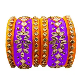 HARSHAS INDIA CRAFT Silk Thread Bangles With Kundan Stones Chuda Bangle Set For Womnes and girls (Yellow-Purple) (Size-2/0)