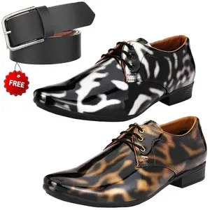 Attractive Formal Shoes/Party Shoes/ 2 Shoes Combo with Free Belt for Men and Boys (BAZAAR7660_VTR01-Blk-Gld01-Blk-Slvr-1-Blk) Multicolor
