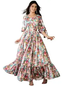Naixa Women's Rayon Printed Flared Dress - Elegant Round Neck Half Sleeve for Casual and Festive Fashion for Women (NX-WD41)