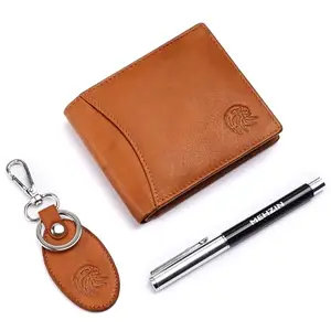 MEHZIN Men Formal Solid Tan Genuine Leather Wallet with Key Chain & Pen (9 Card Slots)