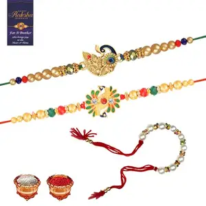 De Marquis Designer Fancy Rakhi for Bhaiya and Bhabhi, Lumba, Roli-Chawal Pack, Greeting Card, Couple Rakhi (RK-08955) 2 Rakhis + 1 Lumba