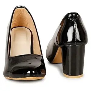 Women's Block Heel Pumps, Black Patent, Closed Toe, Office Formal Shoes