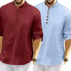 FINIVO FASHION Combo of Men’s Casual Full Sleeve Kurta Style Shirt with Button Placket, Lightweight Breathable Fabric, Regular Fit Ethnic Fusion Wear for Daily & Festive Use Pack of 2
