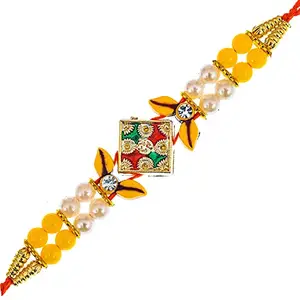brown leaf Beautiful Elegant Colorful Beads Mauli Thread Bracelet Wristband Rakhi for Raksha Bandhan (Pack Of 1) Family Rakhi Combo For Bhaiya brother (Yellow)