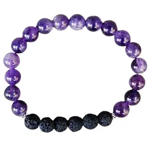 Lady Works Natural Amethyst & Volcanic Lava 8mm Round Shape Smooth Cut Beads 6.5 Inch Stretchable Bracelet For Men & Women. Unisex Bracelet For Healing, Meditation, Prosperity, Gift & Luck|LW_BRST_00511_6.5