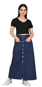 Tripursundari Fashion Denim Maxi Skirt for Women, Navy Blue, A-Line Fit, Button Front (38)