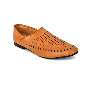 KIATU Ethnic and Traditional Wedding Attractive Black/Brown/Tan/Red/Yellow/Stylish Casual Faux Leather Nagra/Classic Design Jalsa Mojaris/Kolhapuri Jutti Formal Shoes for Men with TPR Sole (KT-2102)