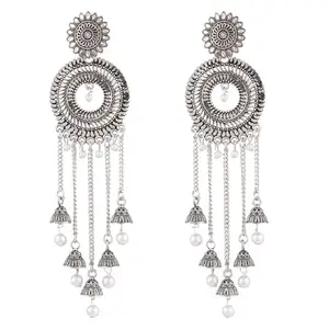 Amazon Brand - Anarva Oxidized Floral Round Jhumka Tassels Dangle Earrings for Women