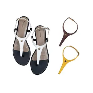 Cameleo -changes with You! Women's Plural T-Strap Slingback Flat Sandals | 3-in-1 Interchangeable Leather Strap Set | White-Brown-Yellow