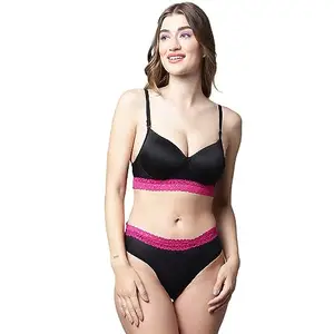 Quttos PrettyCat Lightly Padded Non-Wired with Lace Panel Demi Cup T-Shirt Bra Panty Set Black