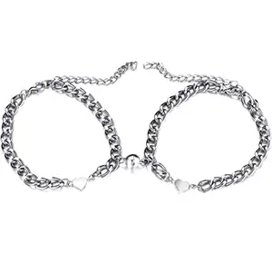 SORELLAZ Metal Silver Heart Couple Valentine Love Adjustable Bracelet: Pack of 2 (SR/FAJEWLK21-L126)
