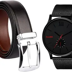 Watch & Belt Combo (Black) | Men's Wallet & Watch Combo Gift Set | Premium Brown Leather Wallet & Analog Watch for Husband, Boyfriend, Brother & Father