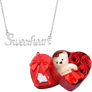 Fashion Frill Valentine Gift For Girlfriend Pendant Sweetheart Silver Chain Necklace Pendant For Women Girls Heartbox With Teddy Love Gifts Valentine's Day Gifts