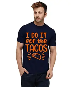 Caseria Men's Round Neck Cotton Half Sleeved T-Shirt with Printed Graphics - Do It for Tacos (Navy Blue, SM)