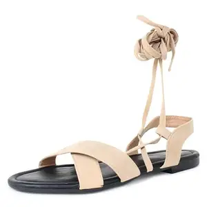 Jking Women's Cream Gladiator Flats Sandals-6 UK