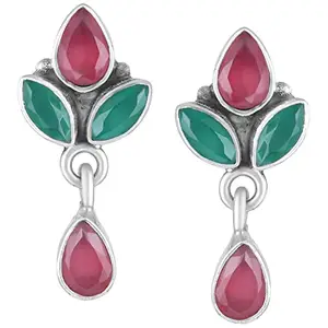 Peora 925 Sterling Silver Diamond Cut CZ Oxidised Finish Anti Tarnish Drop Earrings for Women Girls Navratri Gift Stylish Regular Wear (Red Green)