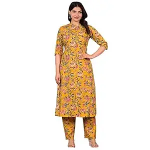 Adhishree trends Women’s Floral Printed A-Line Kurti with Pant | Viscose Rayon | 3/4 Sleeve | Knee Length | Mandarin Neck | Comfortable Daily Ethnic Outfit