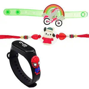 brown leaf Pack Of 3 Unique Kids Rakhi Lighting Wristband With Cartoon Watch For Little Brother Sister Rakshabandhan (Design 3)
