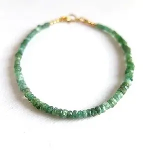 RRJEWELZ Natural Emerald 2-3mm Rondelle Shape Faceted Cut Gemstone Beads 7 Inch Gold Plated Clasp Bracelet For Men, Women. Natural Gemstone Stacking Bracelet. | Lcbr_02475