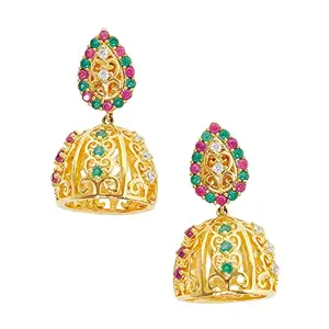 VOYLLA American Diamond CZ Traditional Gold Plated Red & Green Brass Jhumka Earrings for Women