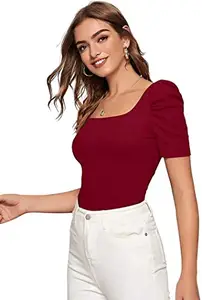 Dream Beauty Fashion Women's Square Neck Puff/Balloon Bishop Sleeve Elegant Casual Tee Top (Top RRR-M4-Marron_S)