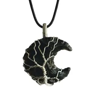 ORGONITE CRYSTAL AGATE Black Obsidian Moon Pendant Wire Wrapped Crescent for Men & Women Gifts, Protection Necklace