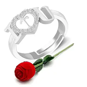MEENAZ CZ AD Valentine American diamond Silver Platinum Adjustable I Love You Heart Initial Letter Name Alphabet Love T Finger Rings for women girls girlfriend couples lovers Stylish Red Ring ROSE BOX