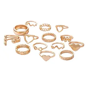 Jewels Galaxy Jewellery For Women Rose Gold Plated Heart inspired Stackable Rings Set of 14 (JG-PC-RNGO-2713)