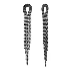 VOYLLA Timeless Sparkle Crystal Flow Infinity Black Rhinestone Danglers Earrings|Fringes Earrings For Women|Long Dangler Earrings For Women|Gift For Women|American Diamond|Party|Cocktail|Western