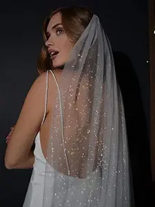 Unsutuo 1 Tier Glitter Bride Wedding Veil Fingertip Bachelorette Party Veil Sparking Bridal Veil for Women and Girls (White)