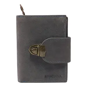 MANDAVA Women's Top Grain Genuine Leather Wallet with Push Lock (Charcoal)