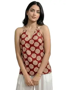 Aahwan Printed V-Halter Neck Sleeveless Backless Short Tunic Top & Kurti for Women's & Girl's