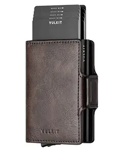 VULKIT Credit Card Holder Leather Men's Wallet Mini Wallet Pop Up with RFID Protection & 2 Slots for 5-7 Cards & Banknotes, S2 Espresso, M, Classic