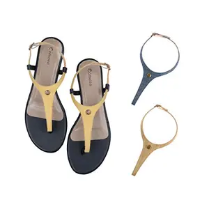 Cameleo -changes with You! Women's Plural T-Strap Slingback Flat Sandals | 3-in-1 Interchangeable Strap Set | Yellow-Dark-Blue-Olive-Green