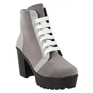 Shoetopia Women Grey Block Heeled Lace Up Boot