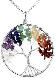 PAIXON Tree of life Pendant with chain Handcrafted made with Natural seven Chakra Gemstone each stone has his own specialty Fengshui pendant for men and women( Seven chakra pendant)