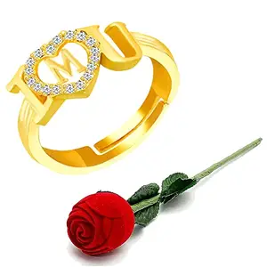 MEENAZ Rings for Women Girls Couple girlfriend Wife lovers Valentine Gift CZ AD American diamond Adjustable gold I Love You Heart Initial Letter M Name Alphabet finger Ring Stylish Red Ring Box-513