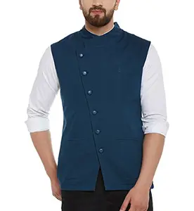 HYPERNATION Blue Color Side Button Cotton Waistcoat for men