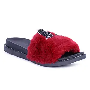 WMK Designer cute Furr flipflop slipper Slides for Women (Maroon, numeric_6)