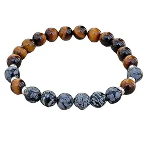 RRJEWELZ Natural Snowflake Obsidian & Tigers Eye 8mm Round Shape smooth & faceted Cut Beads 8 Inch Stretchable Bracelet for Men & Women.|STBR_RR_08315_8.0
