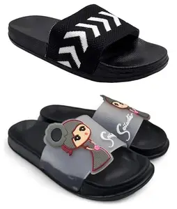 Pampy Angel Combo Pack of 2 Slipper/Flip Flops/Slides for Men,(Fly-BAro-Black,Senorita-Black),37 (Euro)